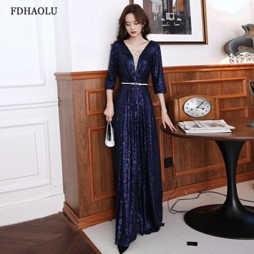 FDHAOLU FU135 Sequined Formal Dress V-Neck Half Sleeve A-Line Evening Dresses for Women Plus Size Zipper Floor Length Dress