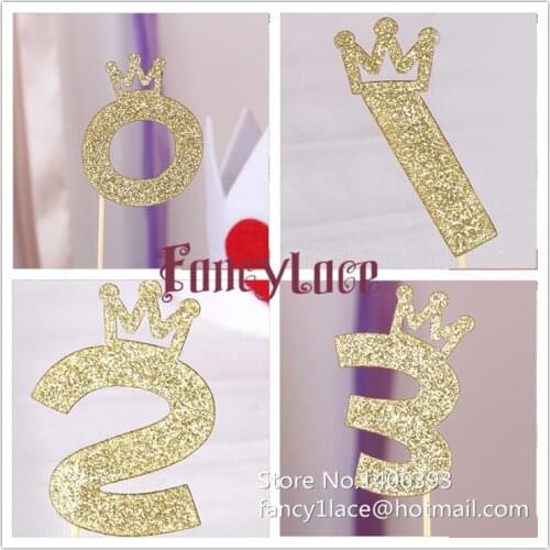 10X Gold Glitter Crown Set of 10pcs (0-9) Gold Glitter Numbers Personalized Cake Topper Kit Wedding Birthday Cupcake Party Decor