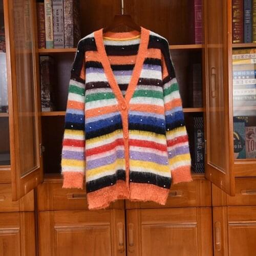 2021 Autumn Winter Hot Fashion High quality Womens rainbow stripe V-neck Mohair cardigans coat C372