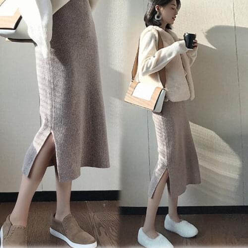 8022# Autumn Winter Woolen Maternity Skirts Side Splits Elastic Waist Belly Skirts Clothes for Pregnant Women Pregnancy Bottoms