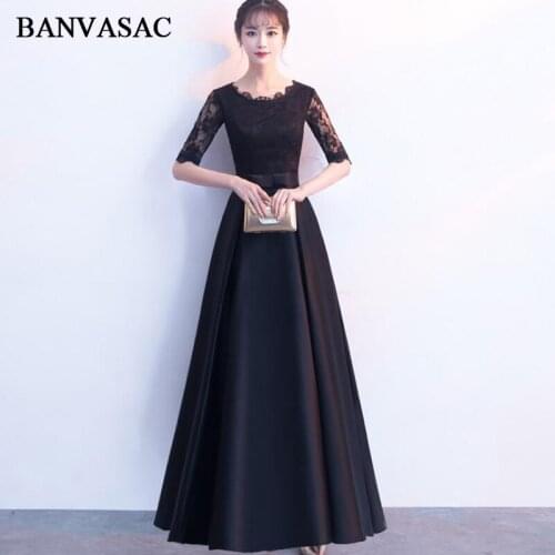 BANVASAC 2018 Lace O Neck Bow Sash A Line Long Evening Dresses Illusion Embroidery Half Sleeve Party Prom Gowns