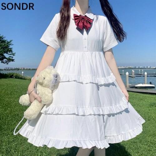 White Short Sleeve Shirt Dress Women 2021 Summer New All-Match Sweet Cute Big Hem Dresses Kawaii Bow Girly Cake Dress Vestidos
