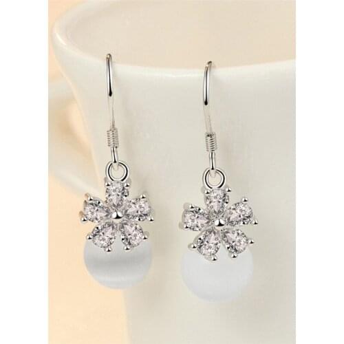 Shiny Zircon Flower Ball Drop Earrings Female Jewelry Fashion 925 Silver Earring Girl Piercing Accessories Lady Earrings