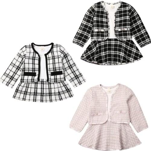Baby Spring Autumn Clothing Kids Baby Girl Pageant Plaid Coat & Tutu Dress Party Outfits Fashion Clothes 2PCS Sets 6M-5T