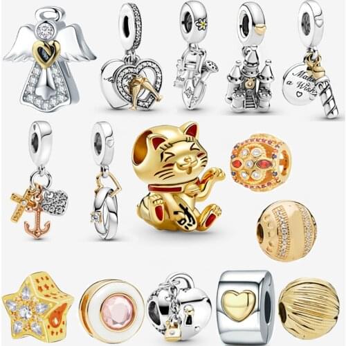 925 Sterling Silver Beads 14k Gold Two-Tone Angel Wings Dangle Charms Collection Fit Pandora Bracelets Women DIY Jewelry Gift