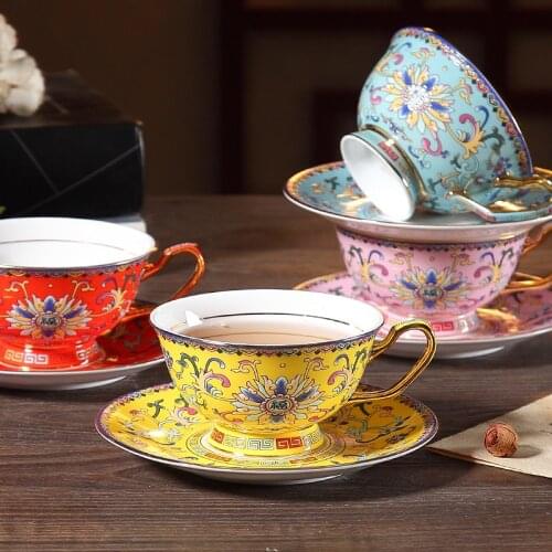 Enamel Color Chinese Style Bone China Coffee Cup And Saucer English Afternoon Tea Flower Teacup Set Ceramic Coffee Mug Teaware