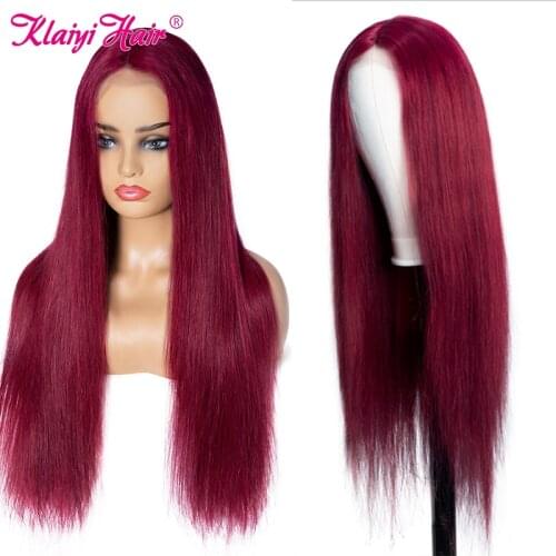 Klaiyi Hair Burgundy 4x1 T Part Lace Wig Straight Human Hair Wigs Brazilian Remy Hair Lace Wig For Women Pre Plucked 14-24 Inch