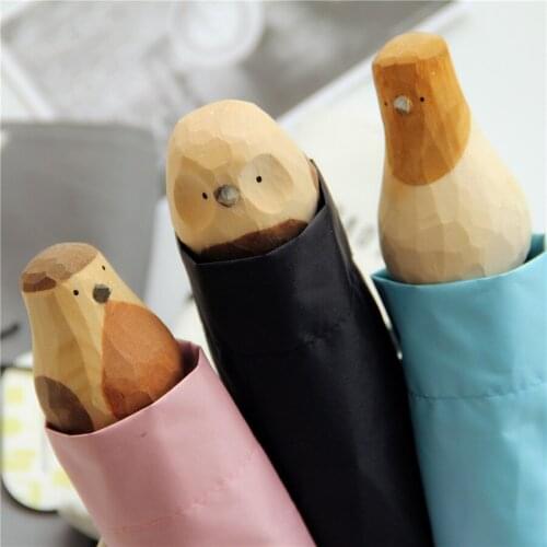 Creative Hand-Carved Wooden Cute Animal Windproof Rain and Parasol Folding Women Umbrella with Black Coating