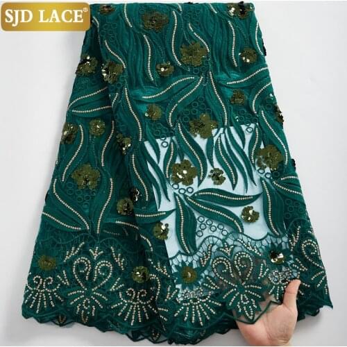 SJD LACE Green African Lace Fabric Embroidery Milk Silk Tulle Heavy Sequins French Tulle Lace Fabric For 2021Wedding SewingA2409