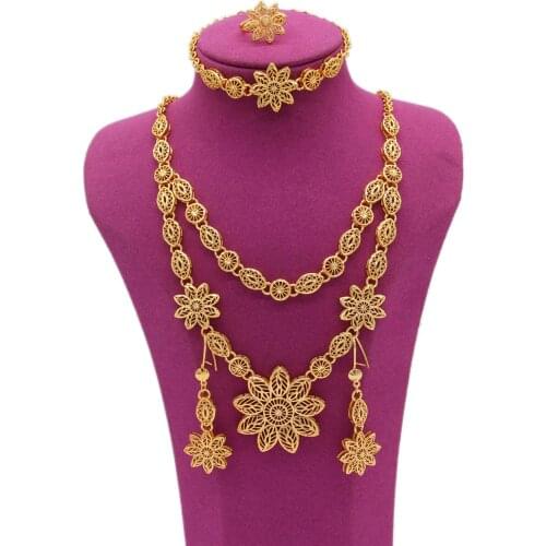 Apingxun Dubai Gold Color Necklace/Bracelet/Earrings/Ring Jewelry Set French Ethiopian Women Bridal Wedding Ornament Party Gifts