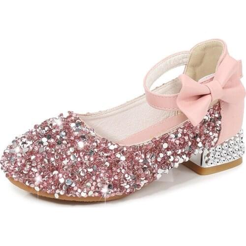 2021 New Children Leather Shoes Kids Rhinestone Princess Shoes For Wedding And Party Crystal Show Shoes Girls Gold Silver Pink