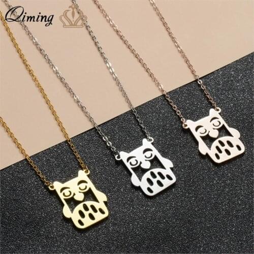 QIMING Handmade Owl Face Shaped Animal Necklace Children Baby Stainless Steel Jewelry Cute Charm Chains Necklaces Gift
