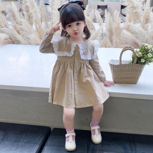 Girls Long-Sleeve Plaid Dress Spring And Autumn New Childrens Lace Big Collar Casual Sweet Princess Dresses WTA20