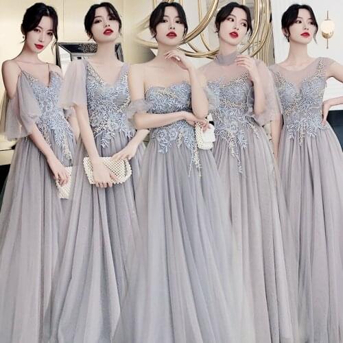 Bridesmaids Dresses Illusion V-Neck Beading Embroidery Pearls Lace Tulle Short Floor-Length A-Line Lady Wedding Party Dress E049