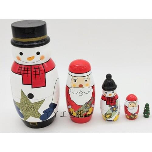 5 Layers Russian Matryoshka Dolls Hand-Painting Red White Santa Claus Snowman Wooden 16 cm Children Christmas Gift