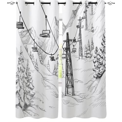 White Snow Cable Car Ski Mountain Sketch Home Decoration Living Room Curtains Window Treatments Kids Curtain For Kitchen Bedroom