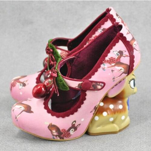 Girls Cute Fawn Strange Heels Lolita Pumps Ladies Red Cherry Decor Animal Abnormal Heels Ankle Strap Round Toe Personal Shoes
