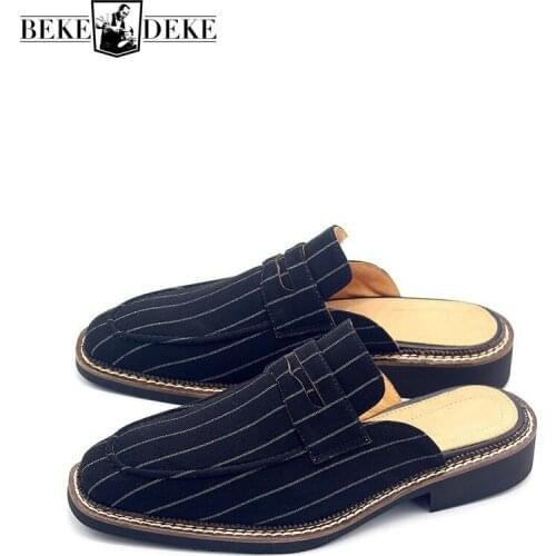 High Qualtiy Fashion Striped Slip On Mens Canvas Half Shoes Square Toe Breathable England Buty Meskie Low heel sandals Plus Size