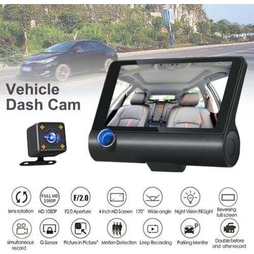 1080P HD 4" Dual 3 Camera Lens Car DVR Rearview Video Dash Cam Recorder Camera G-sensor