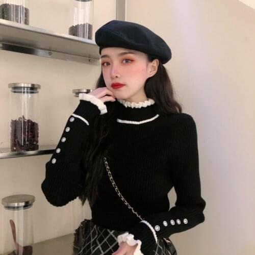 Black bottoming shirt for women in autumn to take 2021 new half turtleneck sweater women foreign style lace collar sweater top