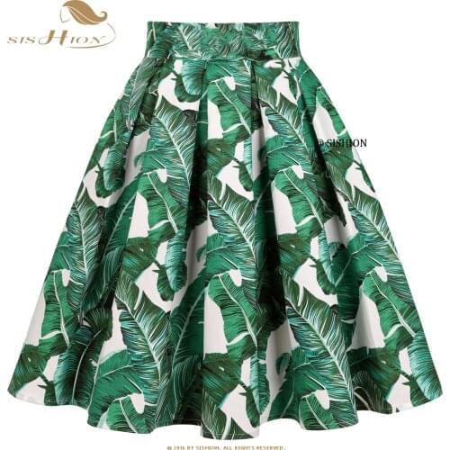 Leaf Green Retro Floral Print Vintage Pleated Skirts Womens 2021 50s High Waist Plus Size Midi Cotton Summer Swing Skirt SS0012