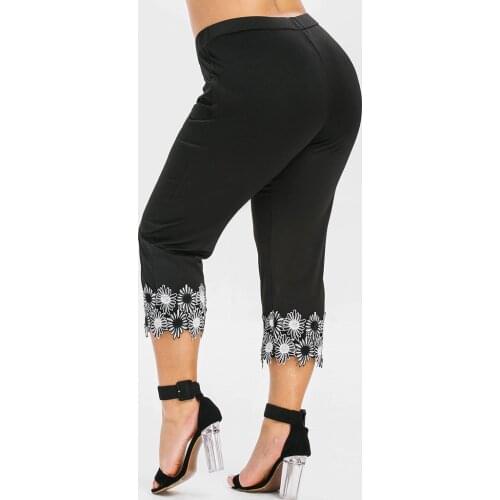 5XL Plus Size Leggings Women Fitness Elastic High Waist Female Trousers Capris Sweatpants Lace Floral Applique Calf-Length Pants