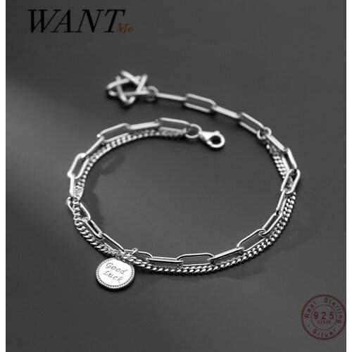 WANTME Genuine 925 Sterling Silver Punk Cuban Link Chain Round Good Lucky Charming Bracelet for Women Rock Hip Hop Party Jewelry