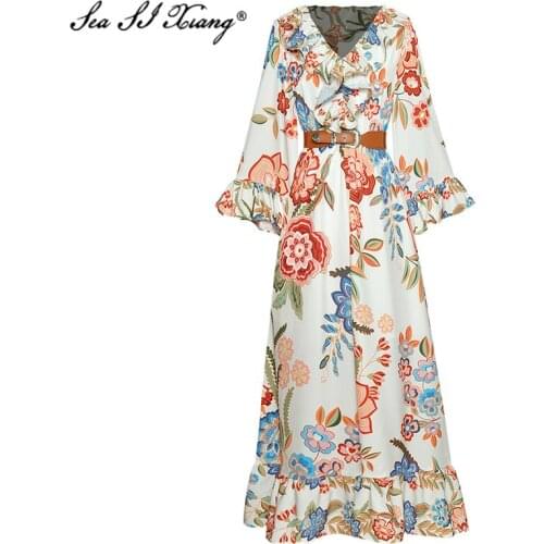 Seasixiang Fashion Designer Summer Maxi Dress V-Neck Ruffles Flare Sleeve Sashes Floral Print Long Dresses