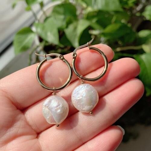 100% Real Natural Freshwater Pearl Earrings for Women Irregular Coin Round Raw Baroque Pearl Tassel Stainless Steel Hoop Earring