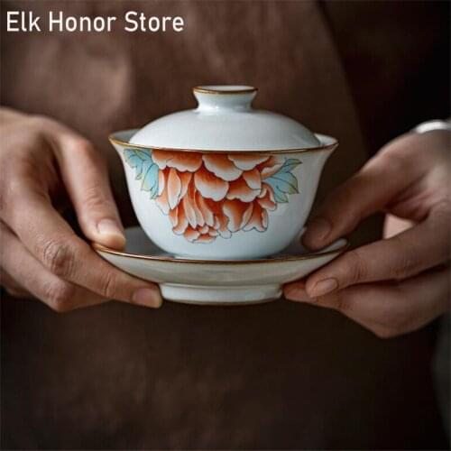 160ml Ceramic Art Picked Flowers Gai Wan Cha Cup Of A Single Ceramic Ru Kiln Kung Fu Tea Household Japanese Sancai Cup Tea Bowl