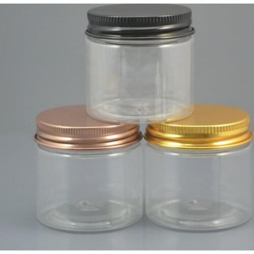 100pc/lot 50ml Clear Plastic Cosmetic Jar Serum Bottle Gold Aluminum Cap 50g High End Refillable Hand Cream Case Metal Lid