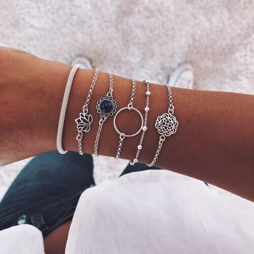 KMVEXO 6 Pcs/Set Bohemian Flowers Lotus Resin Bracelets Bangles 2019 Fashion Metal Round Beaded Bracelet Set Women Party Jewelry