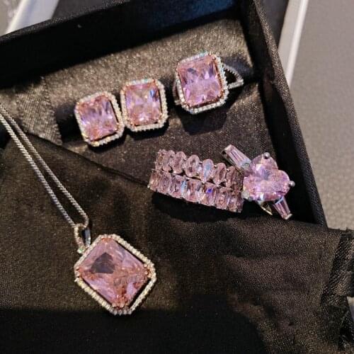 Classic 925 Silver Jewelry for Girls Women Shiny Pink Zircon Crystal Ring Earring Necklace Wedding Bridal Jewelry Sets