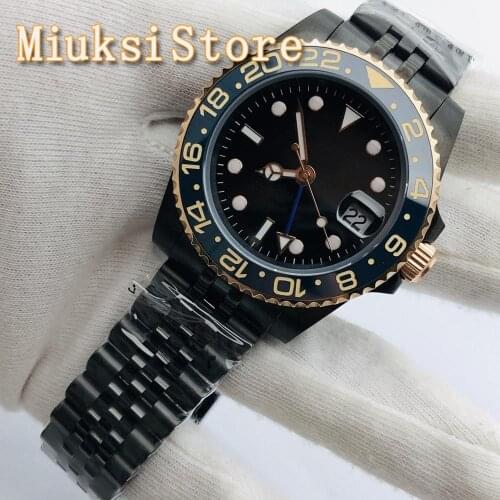 BLIGER 40mm Mens Top Casual Business GMT Mechanical Watch Black PVD Case Sapphire Glass Ceramic Bezel Date Mens Automatic Watch