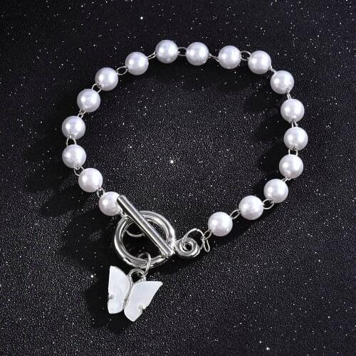 Ins OT Buckle Niche Super Fairy Butterfly Pendant Pearl Bracelet Female Temperament Wild Retro Girlfriend Student Jewelry Gift