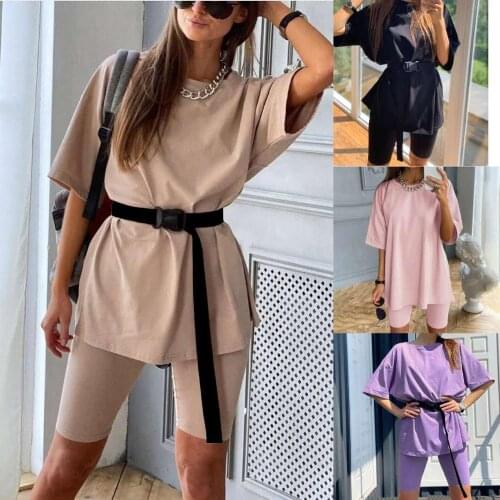 2 Piece Sets Womens Top and Pants with Belt Casual Home Loose T-shirt+Elastic Tight Sports Pant Suit Waistband Two Piece Outfits