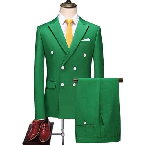 Suit Male Wedding Formal Costume Set Blazer+pants Double-breasted Casual Men 2 Pieces Homme Large Size 6XL-M Double Breasted