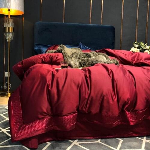 Red Luxury Solid 100S Egyptian cotton Embroidery Bedding sets Queen King Royal Duvet cover Bed sheet set Pillowcases 4pcs 4color