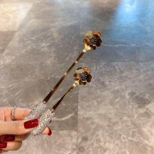 2pcs/set Sparkling Sakura Spoon Cherry Blossoms Diamond Milk Coffee Stirring Spoon 304 Stainless Steel Eco Friendly Cutlery Set