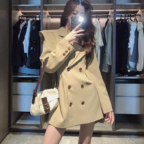 New Autumn Winter Women Casual Double Breasted Blazers Coat With Shoulder Pads Female Fashion French Office Lady Work Outwears