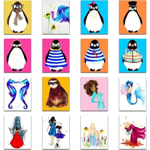 Full Square Diamond painting Cartoon mermaid princess Diamond embroidery animal seahorse DIY 3D Diamond mosaic colorful penguin
