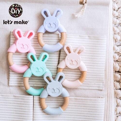 Lets Make Baby Teether 1pc Silicone Rabbit Shaped Teething Toys Beech Wood Ring Food Grade Baby Bed Hanging Rattles Toys