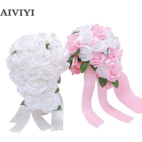 Handmade New Wedding Bridal Bouquet Bride holding flowers Artificial Rose Flowers Ribbons rhinestones wedding Decoration
