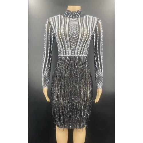 Sexy See Through Pearls Tassel Evening Party Dress Women Transparent Rhinestone Fringes Dress Club Prom Bodycon Dress Stage Wear