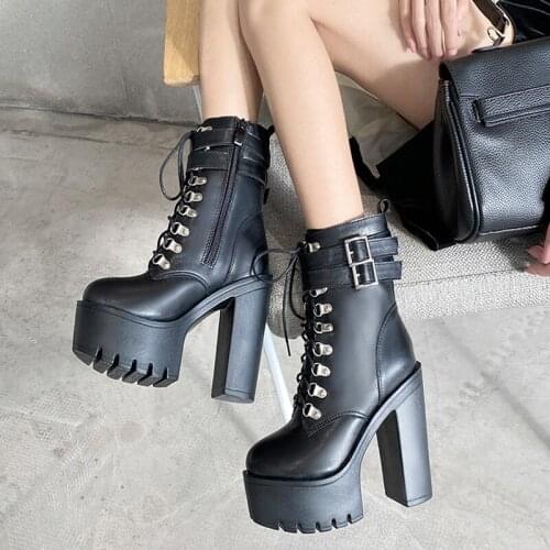 Vintage Chunky Block High Heel Platform Boots Women Lace Up Thick Sole Military Combat Army Punk Rock Gothic Shoes demonias boot