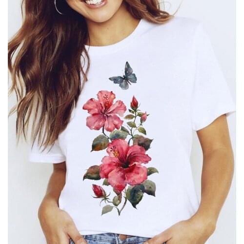 Women Graphic Floral Flower Butterfly Fashion Spring Summer 90s Short Sleeve Lady Clothes Tops Tees Print Female Tshirt T-Shirt