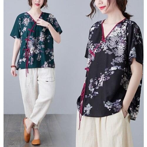 2Colors Women Tops Chinese Traditional Clothing Blouse Summer Linen Shirt Vintage V Neck Floral Print Fashion Casual Loose Hanfu