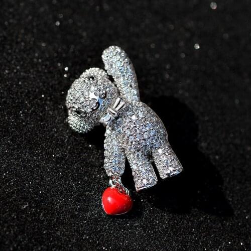 Kemstone Little Bear Rose Gold Silver Plated Full Cubic Zirconia Heart Copper Brooch Animal Pin Jewelry Gift for Women