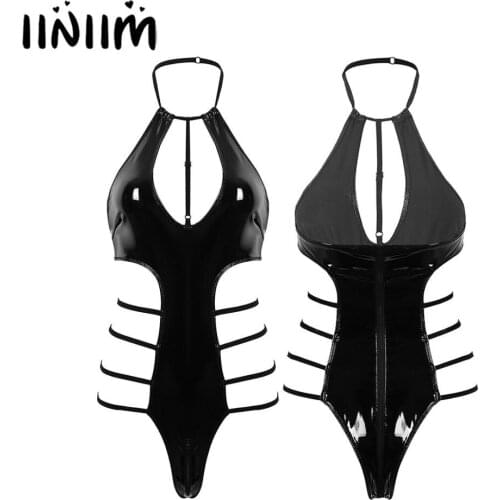 Femme Womens Fashion Clubwear Wetlook Bodycon Leather Latex Exotic Lingerie Catsuit Low Back Cut Out Leotard Bodysuit Costumes