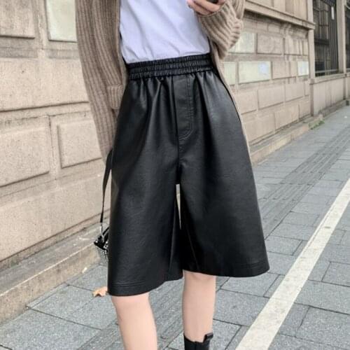 2021 Loose Wide Leg PU Leather Pants Women High Waist Pockets Black Solid Knee Length Trousers Autumn Straight Pantalon P200